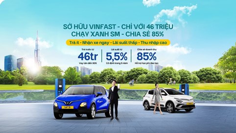 46 triệu đồng sở hữu xe VinFast , lãi suất cố định 5,5% trong 5 năm, nhận ngay 85% chia sẻ doanh số trên Xanh SM Platform