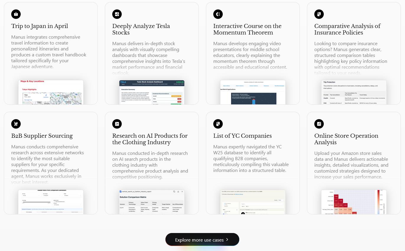 Website của Manus liệt k&ecirc; h&agrave;ng loạt ứng dụng hữu &iacute;ch của Manus