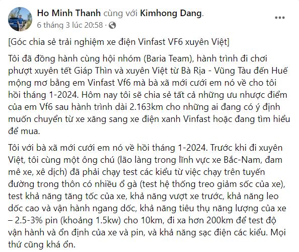 &nbsp;Anh Hồ Minh Th&agrave;nh chia sẻ về chuyến đi phượt xuy&ecirc;n Tết c&ugrave;ng VF 6 (Nguồn: Facebook Ho Minh Thanh). &nbsp;