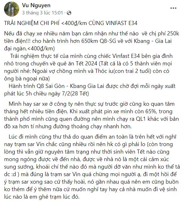 Anh Vũ rất h&agrave;i l&ograve;ng về VF e34 sau chuyến đi về Gia Lai ăn tết c&ugrave;ng gia đ&igrave;nh (Nguồn: Facebook Vu Nguyen).