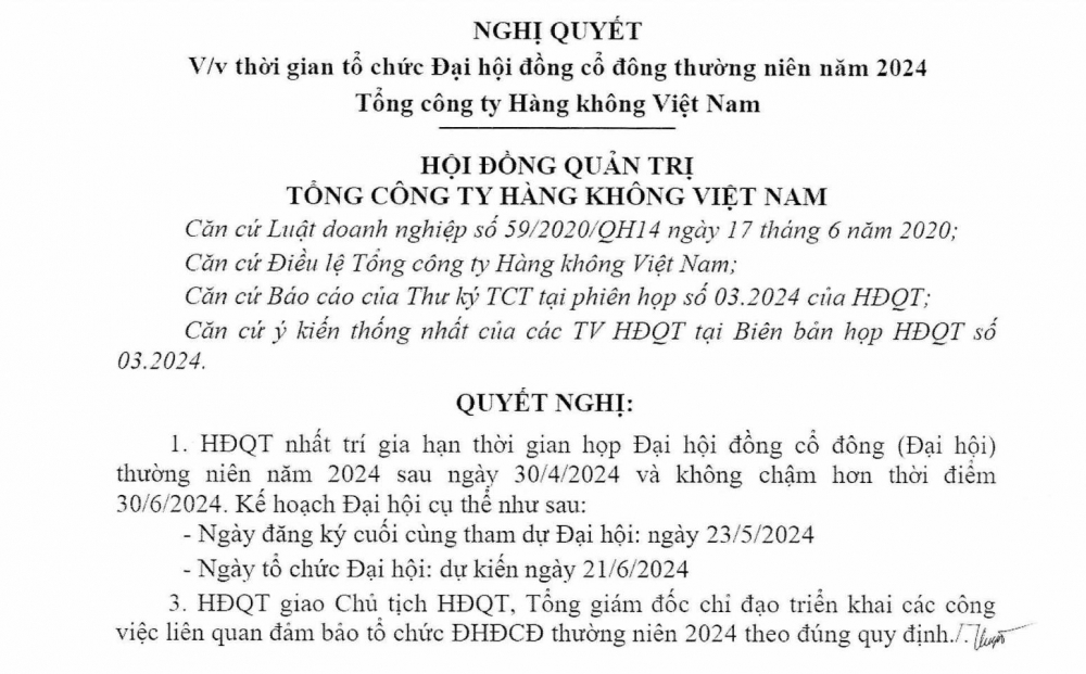 Vietnam Airlines (HVN) dự kiến tổ chức ĐHĐCĐ 2024 v&#224;o 21/6 - Ảnh 1
