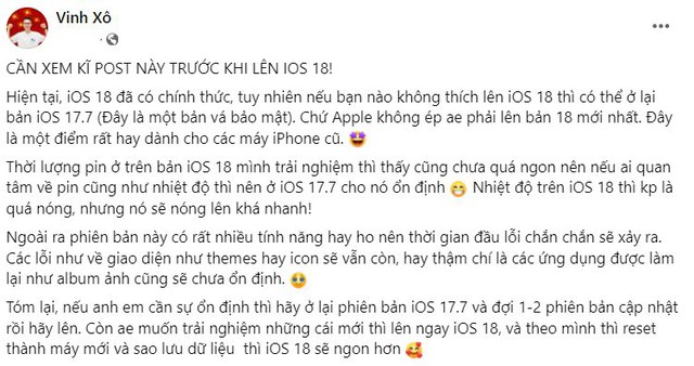 iOS 18 chưa phải l&agrave; phi&ecirc;n bản cập nhật ổn định v&agrave; người d&ugrave;ng c&oacute; thể lựa chọn cập nhật hoặc dừng lại ở iOS 17.7 &nbsp;