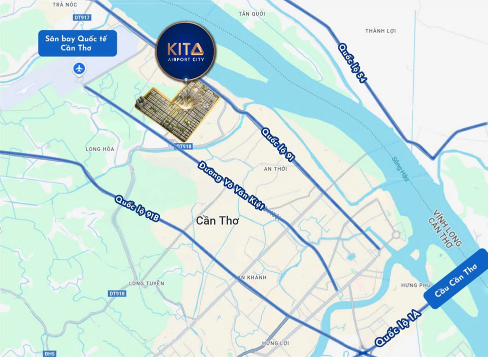 KITA Airport City nằm c&aacute;ch s&acirc;n bay chỉ 3 km v&agrave; kề cạnh c&aacute;c trục đường giao th&ocirc;ng ch&iacute;nh của Cần Thơ. (Ảnh: KITA Group)