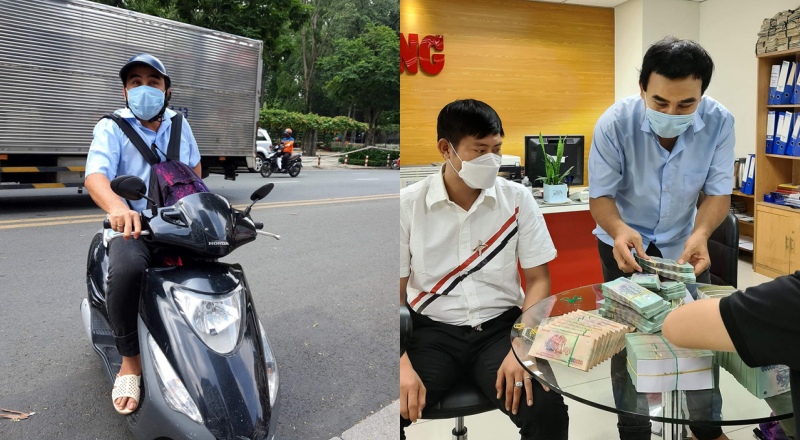 MC Quyền Linh đi xe m&aacute;y đeo balo đựng 2,2 tỷ đồng tiền mặt để ủng hộ Quỹ vaccine Covid-19 ng&agrave;y 2/6.