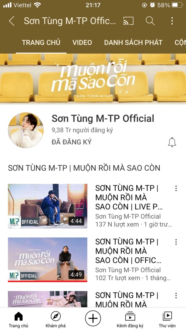 Kênh YouTube của Sơn Tùng M-TP có gần 9,4 triệu lượt đăng ký tính đến thời điểm hiện tại.
