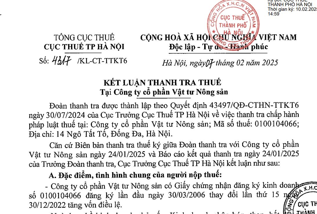 Vi phạm về thuế, CTCP Vật tư N&#244;ng sản bị phạt v&#224; truy thu hơn 400 triệu đồng - Ảnh 1