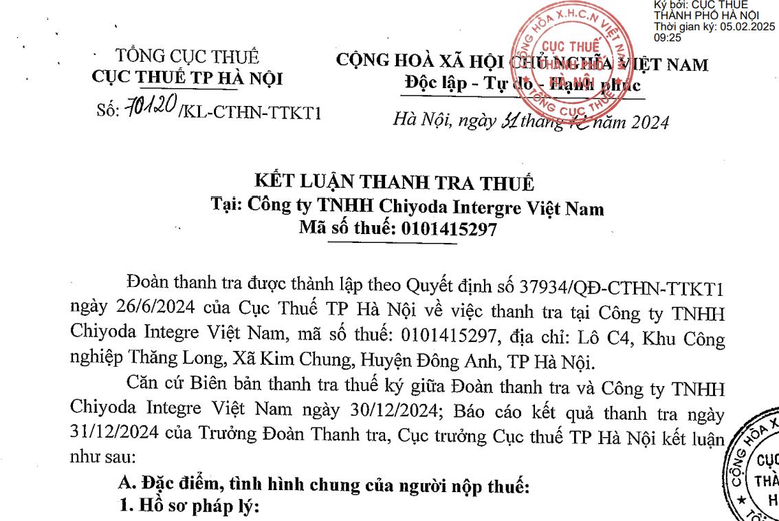 C&#244;ng ty TNHH Chiyoda Intergre Việt Nam bị phạt, truy thu thuế gần 280 triệu đồng - Ảnh 1