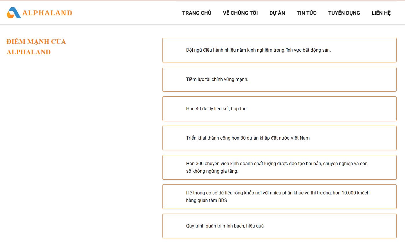Trên website chính thức - AlphaLand Group tự giới thiệu là doanh nghiệp có tiềm lực tài chính vững mạnh. Trên website chính thức - AlphaLand Group tự giới thiệu là doanh nghiệp có tiềm lực tài chính vững mạnh.