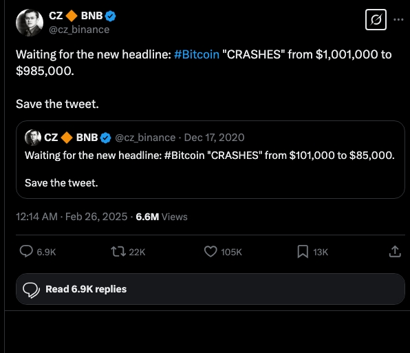 D&ograve;ng Tweet dự đo&aacute;n của CZ về gi&aacute; của Bitcoin v&agrave; d&ograve;ng Tweet c&aacute;ch đ&acirc;y 5 năm dự đo&aacute;n kh&aacute; chuẩn x&aacute;c sau c&uacute; sập thị trường vừa qua.