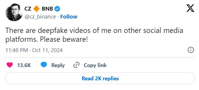 B&agrave;i đăng của Changpeng Zhao tr&ecirc;n X: "C&oacute; những video deepfake về t&ocirc;i tr&ecirc;n c&aacute;c nền tảng mạng x&atilde; hội kh&aacute;c. H&atilde;y cẩn thận!&rdquo;