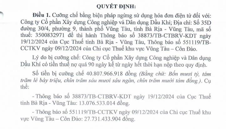 X&#226;y dựng C&#244;ng nghiệp v&#224; D&#226;n dụng Dầu kh&#237; (PXI) bị cưỡng chế thuế hơn 40,8 tỷ đồng - Ảnh 1