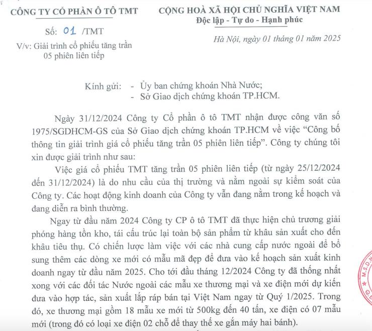 Lỗ hơn 191 tỷ đồng sau 9 th&#225;ng, &#212; t&#244; TMT l&#234;n tiếng giải tr&#236;nh việc cổ phiếu tăng trần li&#234;n tiếp - Ảnh 1