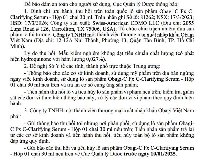 Bộ Y tế ra văn bản đ&#236;nh chủ lưu h&#224;nh, thu hồi ti&#234;u huỷ tr&#234;n to&#224;n quốc hai l&#244; sản phẩm của h&#227;ng mỹ phẩm Obagi - Ảnh 3