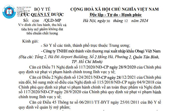 Bộ Y tế ra văn bản đ&#236;nh chủ lưu h&#224;nh, thu hồi ti&#234;u huỷ tr&#234;n to&#224;n quốc hai l&#244; sản phẩm của h&#227;ng mỹ phẩm Obagi - Ảnh 1