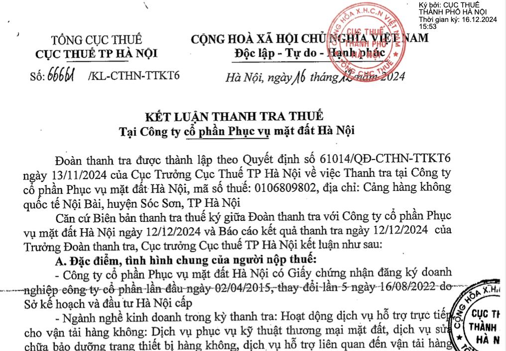 Vi phạm thuế, C&#244;ng ty Phục vụ Mặt đất H&#224; Nội bị phạt, truy thu hơn 66 triệu đồng - Ảnh 1