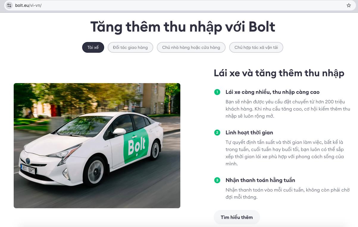 Tr&ecirc;n trang web của Bolt đăng tải th&ocirc;ng tin tuyển dụng t&agrave;i xế.