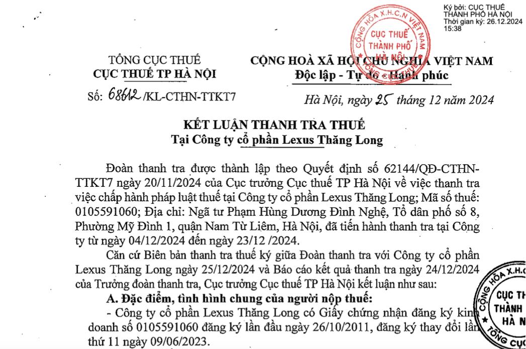 C&#244;ng ty Lexus Thăng Long bị phạt v&#224; truy thu thuế hơn 890 triệu đồng do vi phạm thuế - Ảnh 1