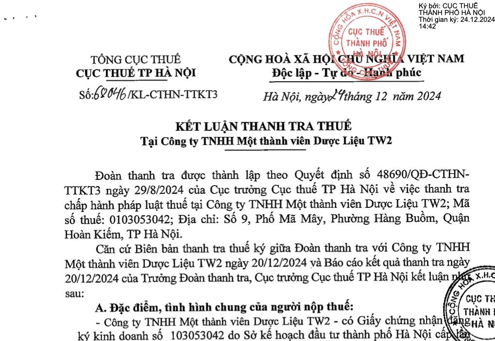 Vi phạm thuế v&#224; h&#243;a đơn, C&#244;ng ty TNHH MTV Dược liệu TW2 bị phạt, truy thu hơn 316 triệu đồng - Ảnh 1