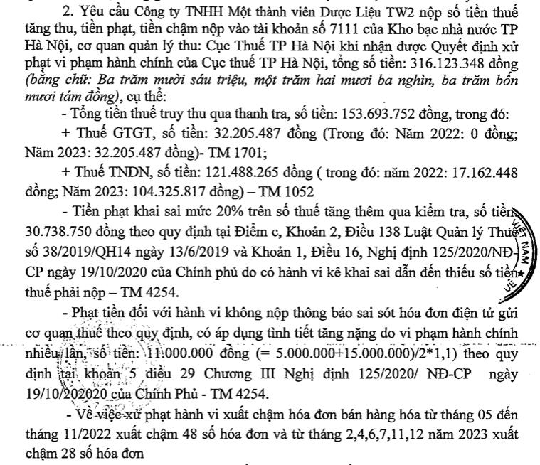 Vi phạm thuế v&#224; h&#243;a đơn, C&#244;ng ty TNHH MTV Dược liệu TW2 bị phạt, truy thu hơn 316 triệu đồng - Ảnh 3