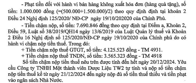 Vi phạm thuế v&#224; h&#243;a đơn, C&#244;ng ty TNHH MTV Dược liệu TW2 bị phạt, truy thu hơn 316 triệu đồng - Ảnh 4