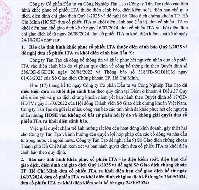 Đầu tư v&#224; C&#244;ng nghiệp T&#226;n Tạo (ITA) lần thứ 9 đề nghị HOSE đưa cổ phiếu ra khỏi diện cảnh b&#225;o - Ảnh 1