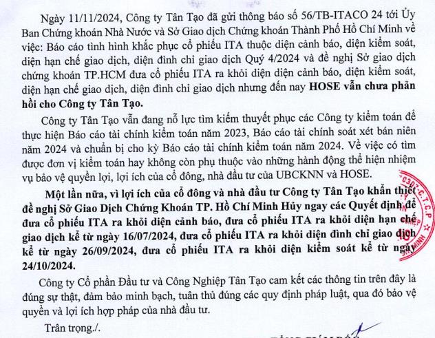 Đầu tư v&#224; C&#244;ng nghiệp T&#226;n Tạo (ITA) lần thứ 9 đề nghị HOSE đưa cổ phiếu ra khỏi diện cảnh b&#225;o - Ảnh 2