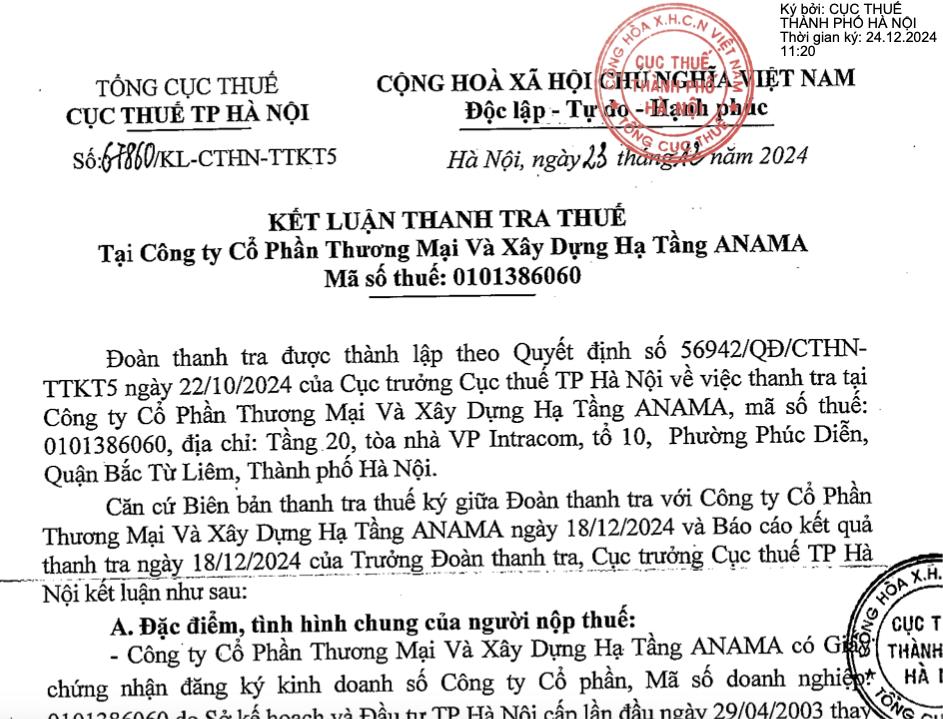 Sai phạm thuế, C&#244;ng ty Thương mại v&#224; X&#226;y dựng hạ tầng Anama bị phạt v&#224; truy thu thuế gần 850 triệu đồng - Ảnh 1