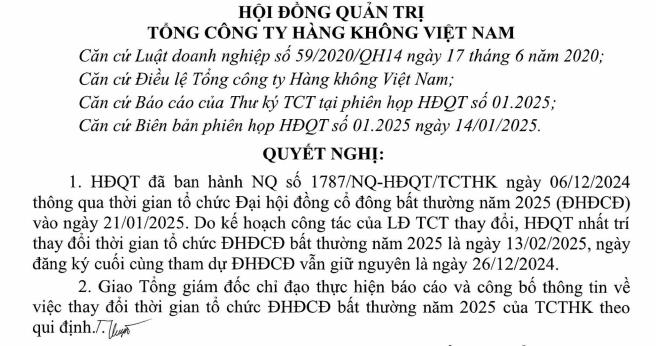 Vietnam Airlines (HVN) l&#249;i ng&#224;y tổ chức Đại hội đồng cổ đ&#244;ng bất thường - Ảnh 1