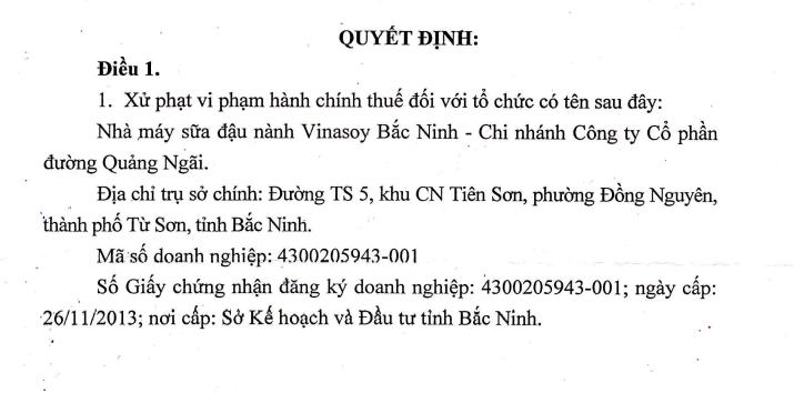 Chủ sở hữu thương hiệu Vinasoy - Đường Quảng Ng&#227;i (QNS) bị phạt h&#224;nh ch&#237;nh về thuế - Ảnh 1