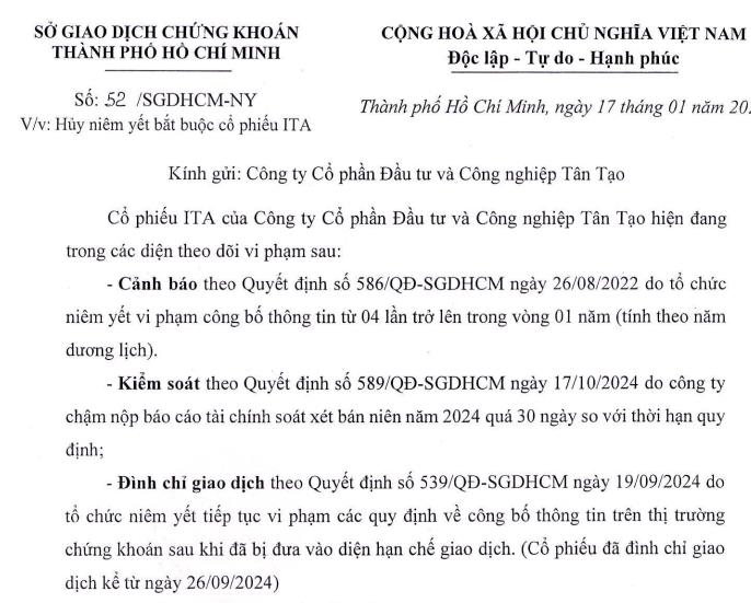 Sau nhiều lần k&#234;u oan, HOSE ra quyết định huỷ ni&#234;m yết bắt buộc cổ phiếu của Đầu tư v&#224; C&#244;ng nghiệp T&#226;n Tạo (ITA) - Ảnh 1