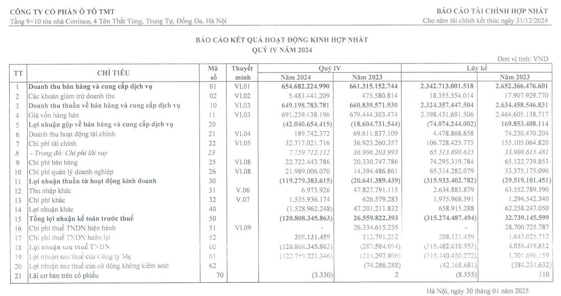 &#212; t&#244; TMT (TMT) tiếp tục lỗ 315,4 tỷ đồng trong năm 2024, n&#226;ng lỗ lũy kế l&#234;n hơn 259 tỷ đồng - Ảnh 1