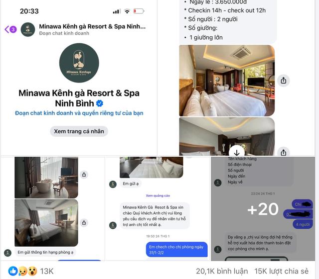 Bài đăng về thủ đoạn lừa đảo chiếm đoạt hơn 1 tỷ đồng khi đặt phòng tại fanpage mang tên Minawa Kênh gà Resort & Spa Ninh Binh. Bài đăng về thủ đoạn lừa đảo chiếm đoạt hơn 1 tỷ đồng khi đặt phòng tại fanpage mang tên "Minawa Kênh gà Resort & Spa Ninh Binh".