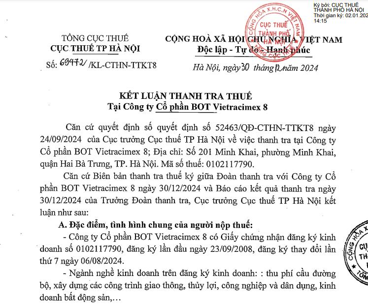 Vướng nhiều sai phạm về thuế, C&#244;ng ty BOT Vietracimex 8 bị phạt v&#224; truy thu hơn 8,3 tỷ đồng - Ảnh 1