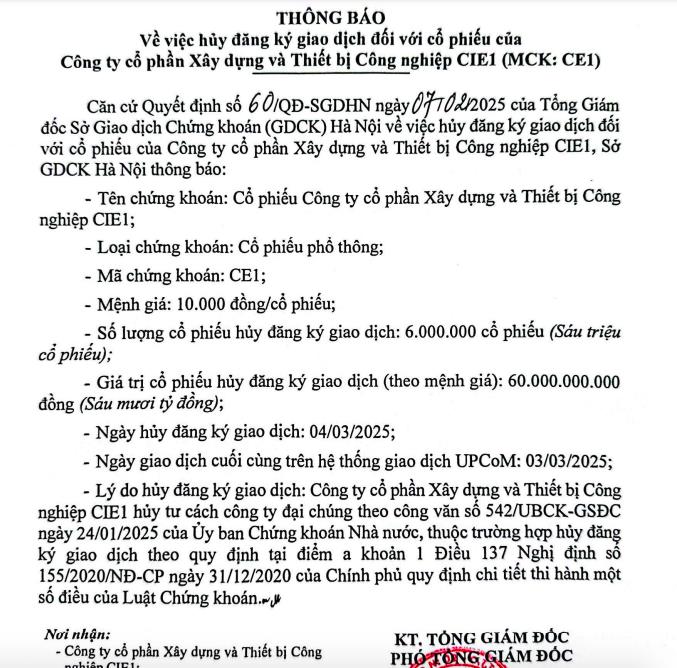 Cổ phiếu CE1 của c&#244;ng ty X&#226;y dựng v&#224; Thiết bị C&#244;ng nghiệp CIE1 sẽ &#39;rời&#39; s&#224;n UPCoM v&#224;o ng&#224;y 4/3 - Ảnh 1