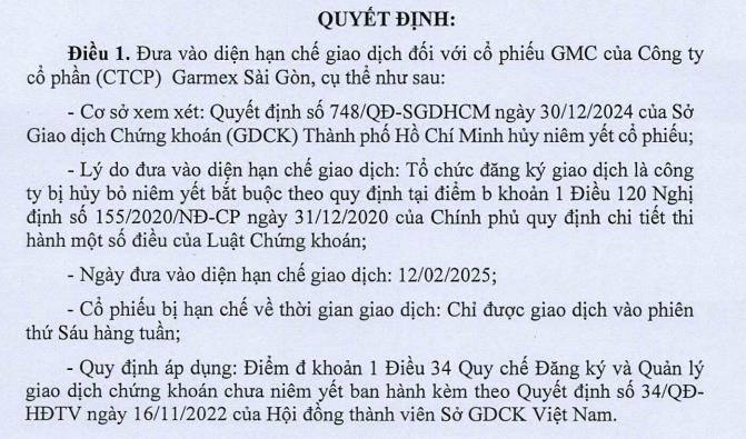 Vừa trở lại s&#224;n UPCoM, C&#244;ng ty Garmex S&#224;i G&#242;n (GMC) ngay lập tức bị đưa v&#224;o diện hạn chế giao dịch - Ảnh 1