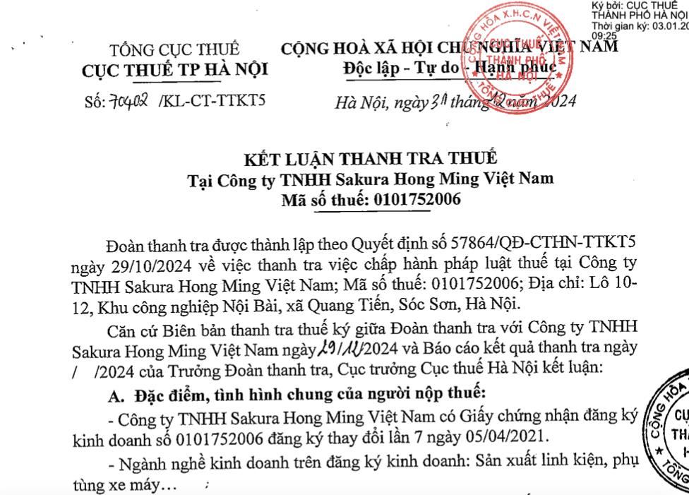 Vướng vi phạm thuế, c&#244;ng ty sản xuất linh kiện, phụ t&#249;ng xe m&#225;y Sakura Hong Ming Việt Nam bị phạt, truy thu hơn 530 triệu đồng - Ảnh 1