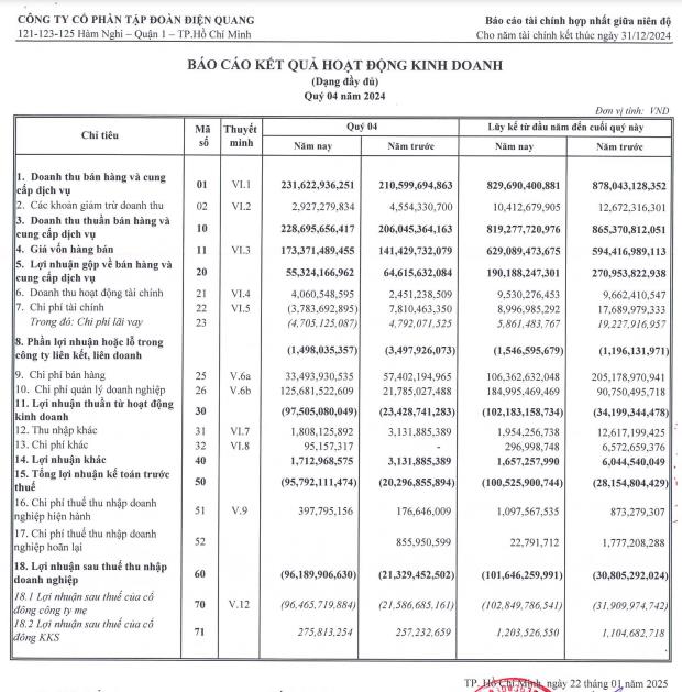 Tập đo&#224;n Điện Quang (DQC) b&#225;o lỗ kỷ lục hơn 100 tỷ đồng năm 2024, đ&#225;nh dấu năm thứ 2 lỗ li&#234;n tiếp - Ảnh 1