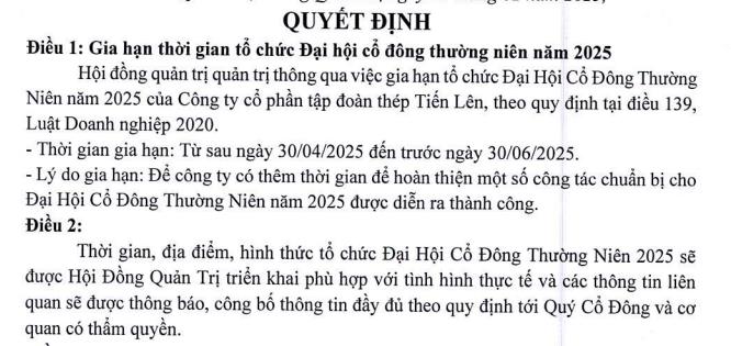 Lỗ kỷ lục năm 2024, Th&#233;p Tiến L&#234;n (TLH) gia hạn thời gian tổ chức Đại hội đồng cổ đ&#244;ng năm 2025 - Ảnh 1