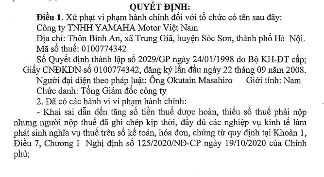 Vi phạm thuế, C&#244;ng ty Yamaha Motor Việt Nam bị Cục thuế H&#224; Nội xử phạt - Ảnh 1