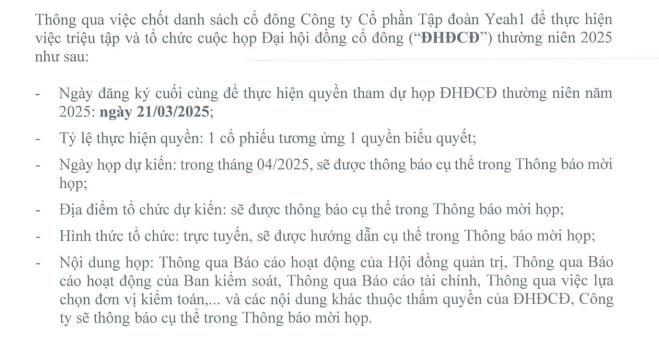 Yeah1 (YEG) dự định tổ chức Đại hội đồng cổ đ&#244;ng thường ni&#234;n năm 2025 v&#224;o th&#225;ng 4 - Ảnh 1