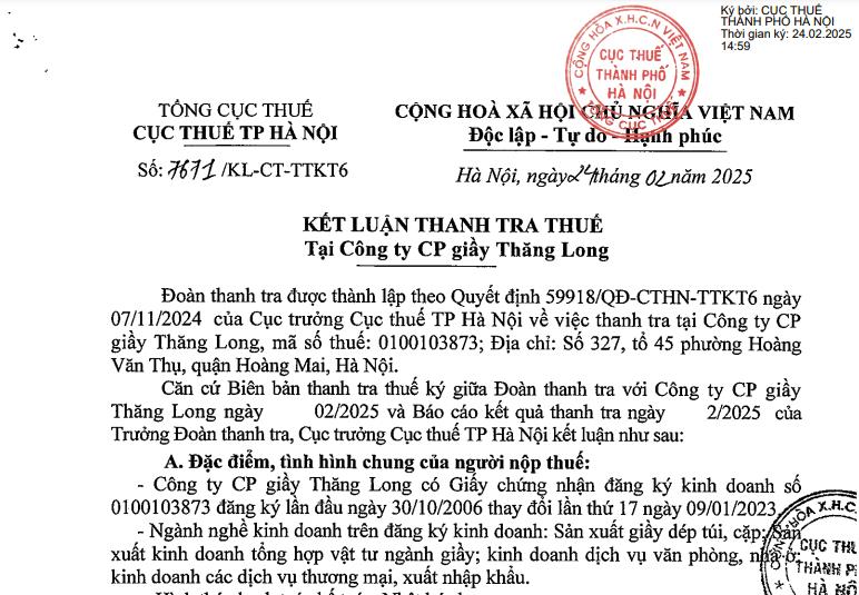 C&#244;ng ty Giầy Thăng Long bị kiến nghị truy thu tiền phạt, chậm nộp thuế hơn 514 triệu đồng  - Ảnh 1