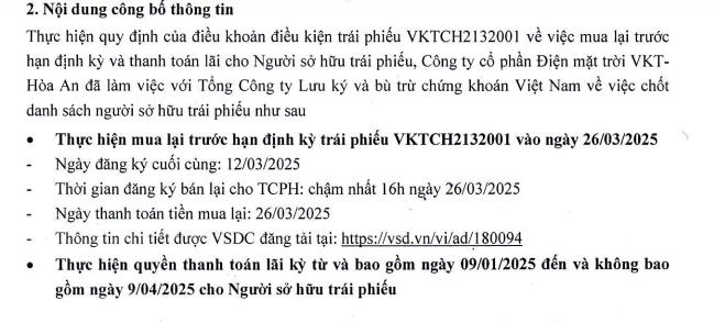 Điện mặt trời VKT - H&#242;a An muốn mua lại trước hạn định kỳ l&#244; tr&#225;i phiếu ph&#225;t h&#224;nh năm 2021 - Ảnh 1