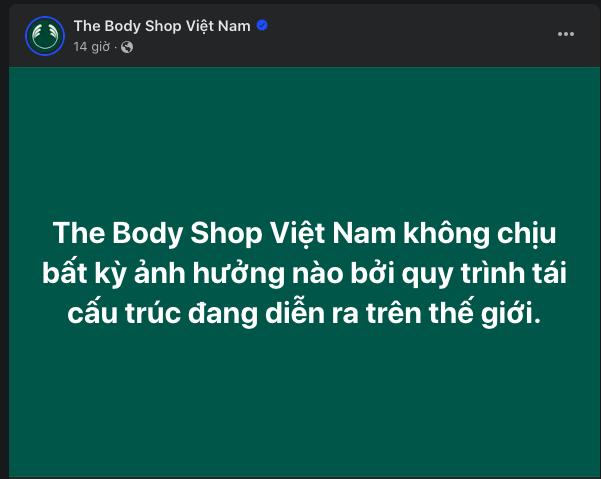 Lời khẳng định của The Body Shop Việt Nam được đăng tải tr&ecirc;n fanpage. (Ảnh chụp m&agrave;n h&igrave;nh)