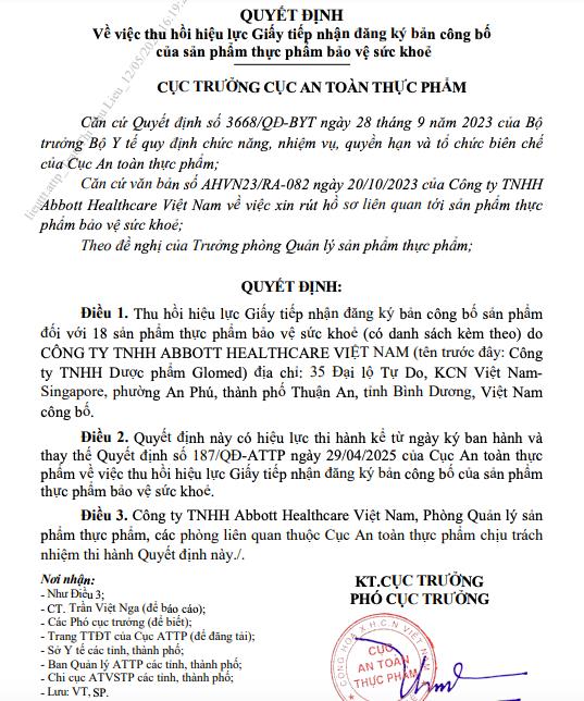Bộ Y tế thu hồi hiệu lực Giấy tiếp nhận đăng ký bản công bố sản phẩm đối với 18 sản phẩm thực phẩm bảo vệ sức khỏe do Abbott Healthcare Việt Nam công bố - Ảnh 1 Bộ Y tế thu hồi hiệu lực Giấy tiếp nhận đăng ký bản công bố sản phẩm đối với 18 sản phẩm thực phẩm bảo vệ sức khỏe do Abbott Healthcare Việt Nam công bố - Ảnh 1