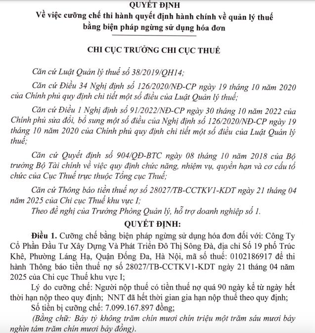Đầu tư Xây dựng và Phát triển Đô thị Sông Đà (SDU) bị cưỡng chế thuế hơn 7 tỷ đồng - Ảnh 1 Đầu tư Xây dựng và Phát triển Đô thị Sông Đà (SDU) bị cưỡng chế thuế hơn 7 tỷ đồng - Ảnh 1