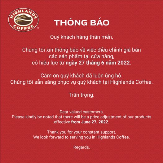 Chuỗi c&#224; ph&#234; Highlands Coffee th&#244;ng b&#225;o tăng gi&#225; đồ uống, c&#243; sản phẩm tăng tới 18%  - Ảnh 1