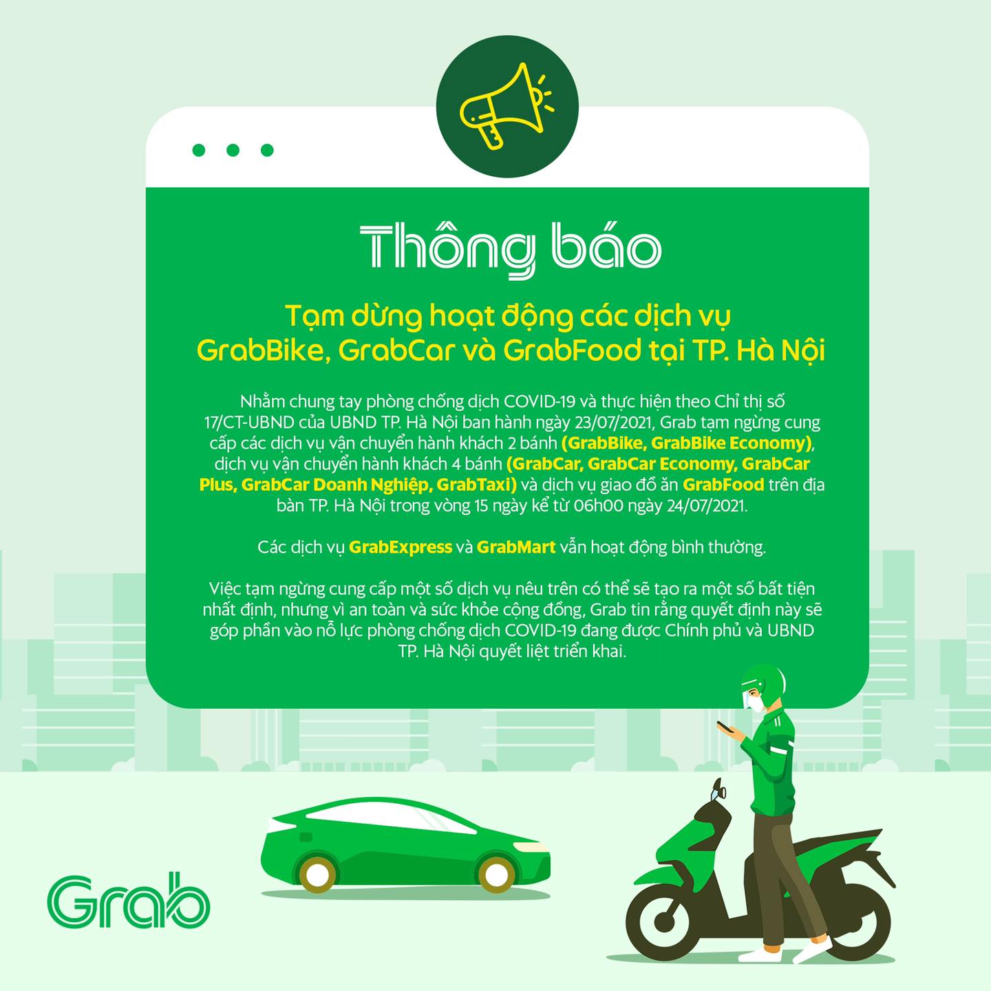 Dịch vụ GrabExpress sẽ chỉ vận chuyển các mặt hàng thiết yếu như lương thực, thực phẩm. Dịch vụ GrabExpress sẽ chỉ vận chuyển các mặt hàng thiết yếu như lương thực, thực phẩm.