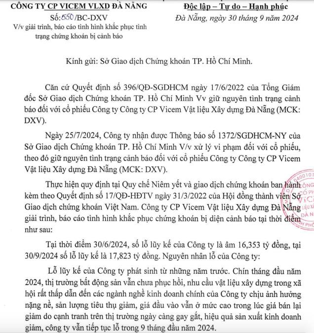 Lỗ lũy kế, Vicem Vật liệu X&#226;y dựng Đ&#224; Nẵng (DXV) sẽ l&#224;m g&#236; để tho&#225;t diện cảnh b&#225;o? - Ảnh 1