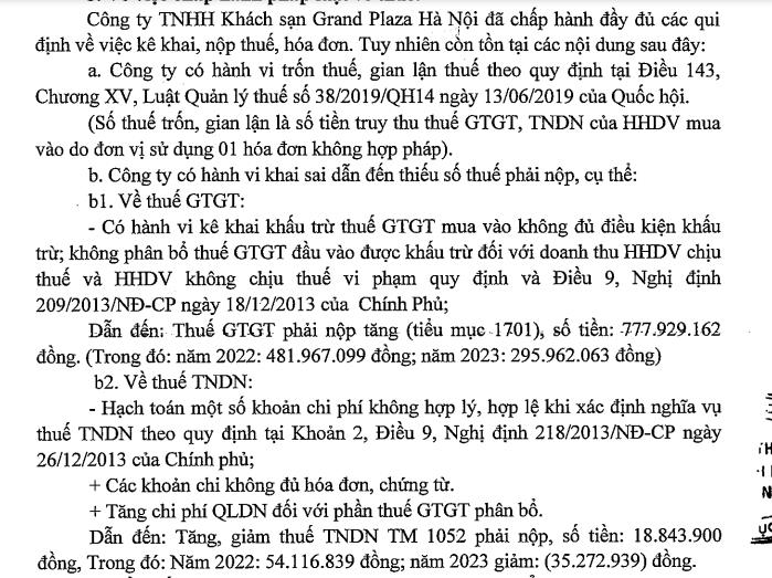 Vừa tăng vốn l&#234;n 550 tỷ đồng, chủ sở hữu kh&#225;ch sạn Grand Plaza H&#224; Nội trốn thuế, bị xử phạt gần 1,1 tỷ đồng - Ảnh 1