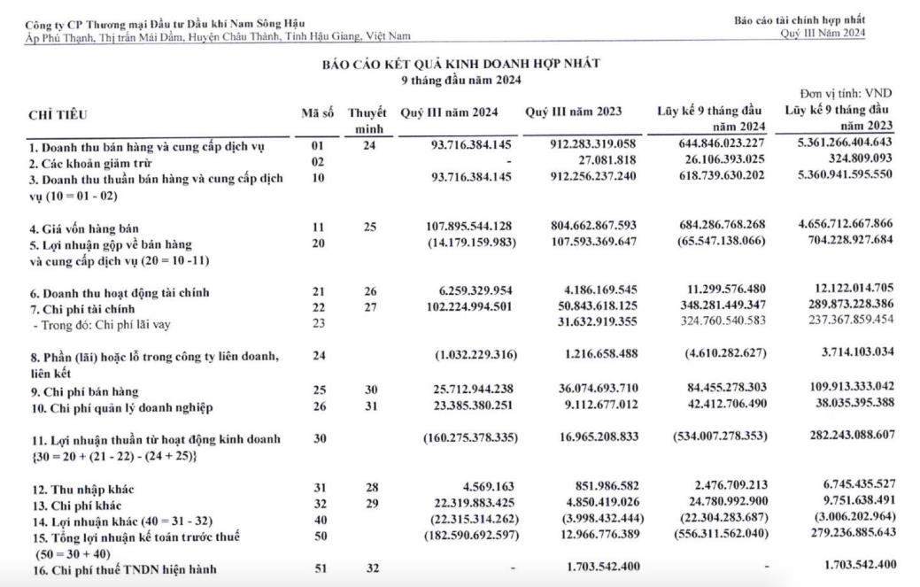 Doanh thu giảm tới 90%, Dầu kh&#237; Nam S&#244;ng Hậu (PSH) b&#225;o lỗ qu&#253; III/2024 hơn 182 tỷ đồng - Ảnh 1